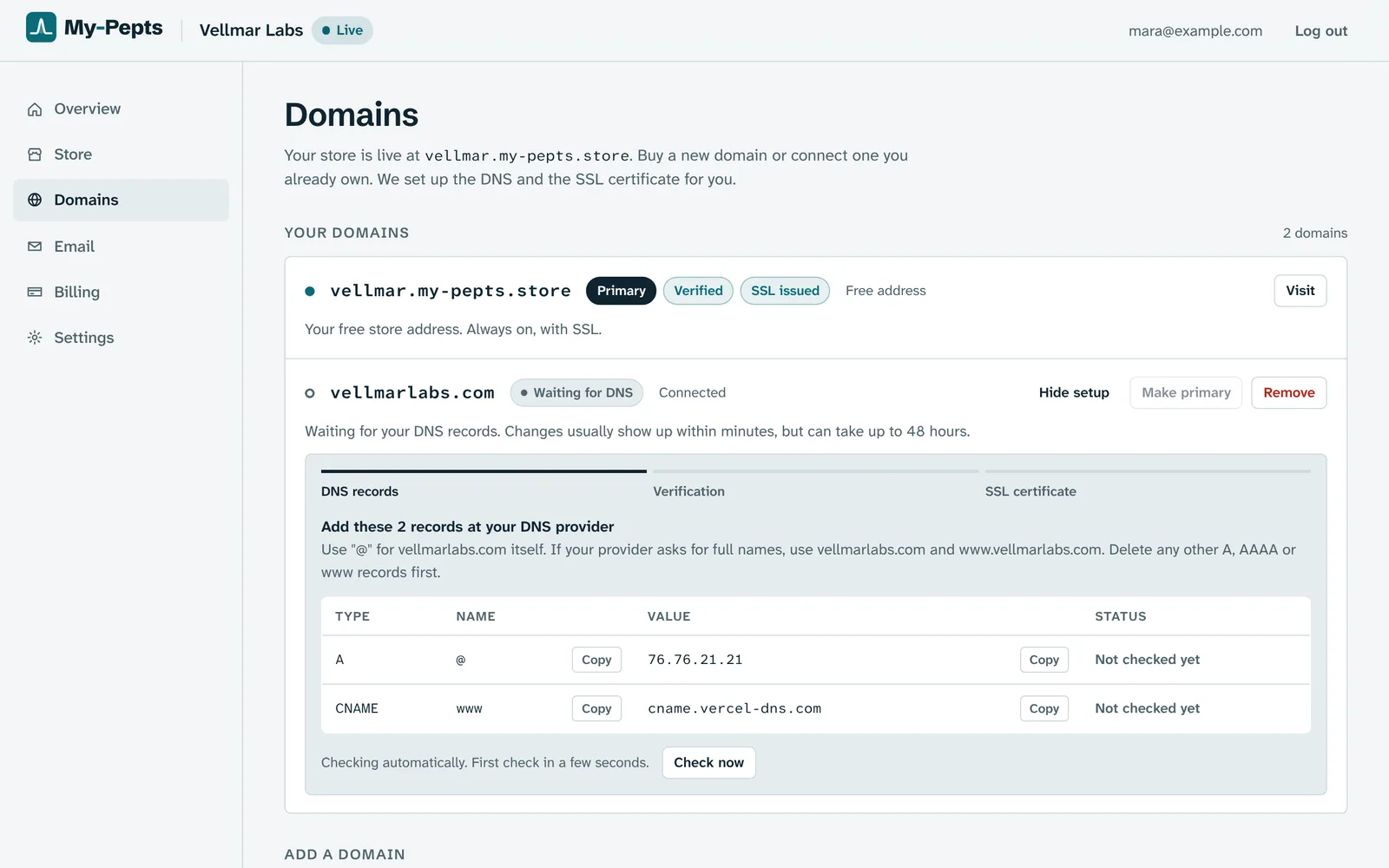 The Domains page: search for a domain to buy, or connect one you own.