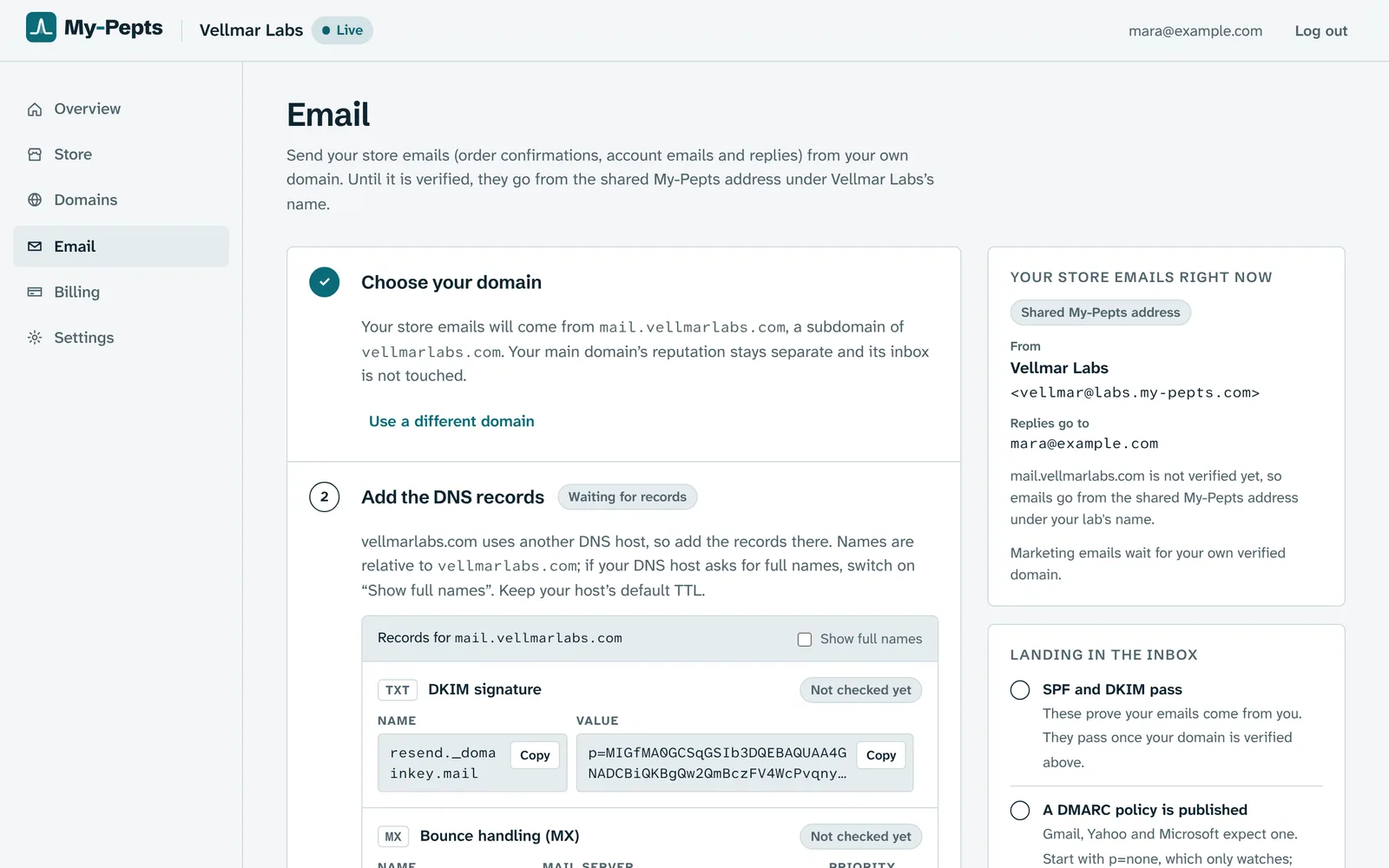 The Email page: the records that let the store send from its own domain, and what customers see on its emails.